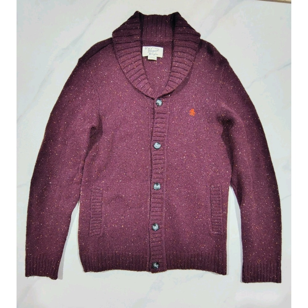 Original Penguin Sweater Chunky Knit Cardigan Burgundy Button Down Men's Medium